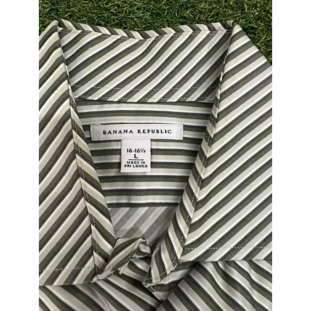 Banana Republic Dress Shirt Men Large 16-16.5 Green Gray Striped Formal Business